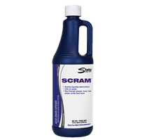 A bottle of State Chemical's product Scram. The bottle is blue with a white cap and has a label on it that says